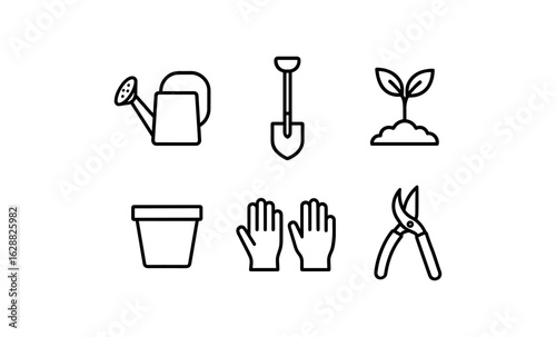 Minimalist gardening tools and plants icons for modern designs
