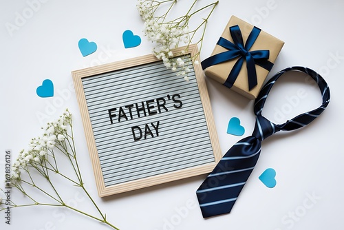 Happy Fathers Day Celebration with Gift Tie and Decorative Elements on a White Background