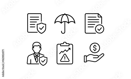 Business and security icons: contract, insurance, and finance symbols in linear style