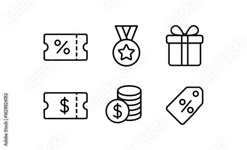Simple linear icons of coupons, medal, gift, coins, and tag for shopping and rewards