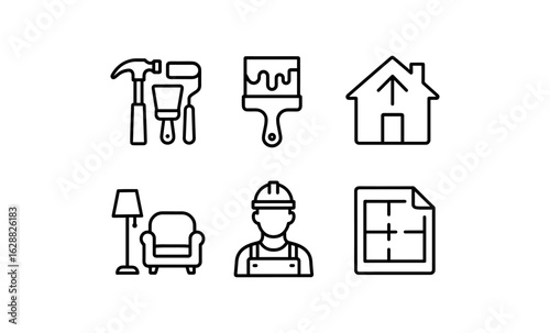 Home improvement icons: tools, furniture, and floor plan symbols in linear style