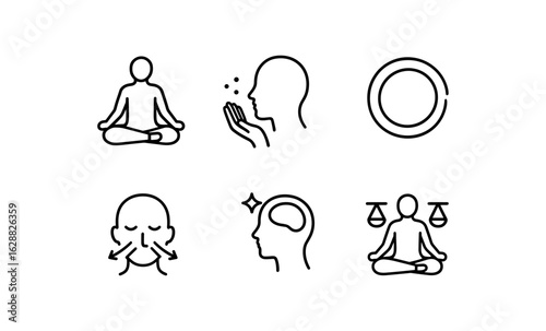 Mindfulness and wellbeing icons featuring meditation and breathing techniques