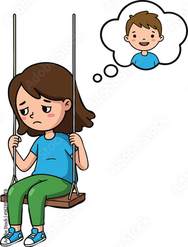Sad girl sitting on swing thinking about boy feeling lonely and heartbroken with pensive expression in cartoon style