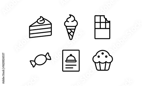 Minimalist dessert icons featuring cake, ice cream, chocolate, candy, recipe, and cupcake