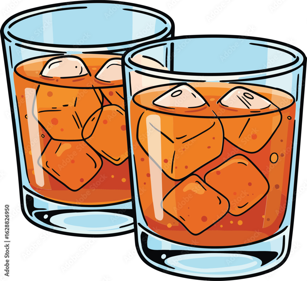Obraz premium Two glasses filled with orange drink and ice cubes refreshing cold beverage illustration