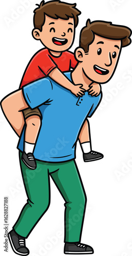 Father giving son piggyback ride in casual clothes showing joyful family bonding and playful energy