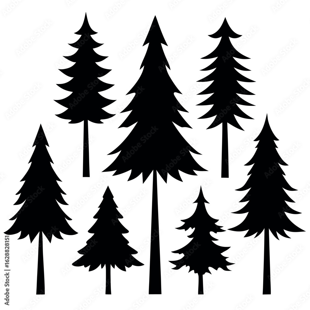 Obraz premium Collection of 10 pine tree silhouettes isolated on white background