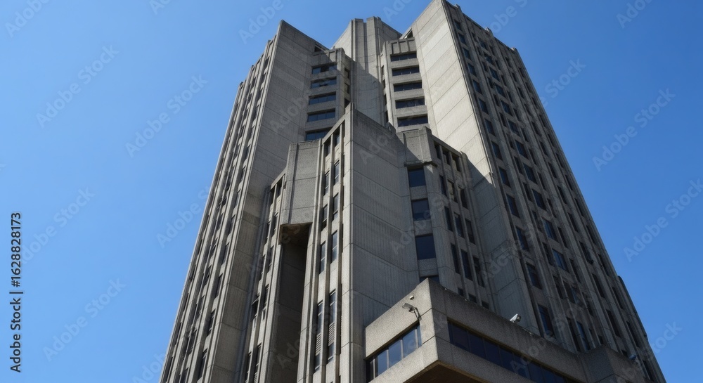 Majestic Brutalist Skyscraper Ascends Towards Clear Blue Sky Symbolizing Urban Ambition and Architectural Strength Majestic Brutalist Skyscraper Ascends Towards Clear Blue Sky Symbolizing Urban Ambition and Architectural Strength