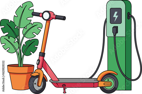 Electric scooter charging station with potted plant eco friendly urban transportation concept illustration