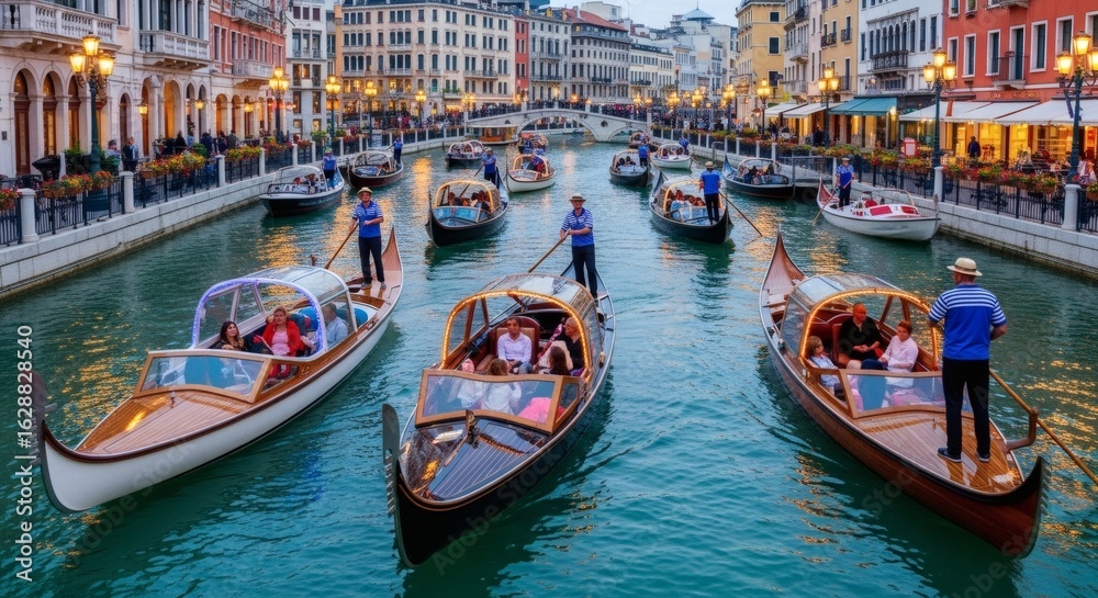 Fototapeta premium Romantic Gondola Rides Through Venetian Canals with Gondoliers on a Beautiful Evening
