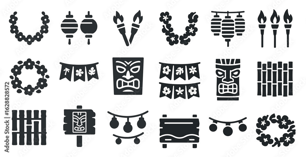 Obraz premium Tropical and hawaiian solid icons set – filled, tiki, island party symbols