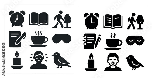 Daily routine solid icons set – silhouette, flat, lifestyle and activity symbols