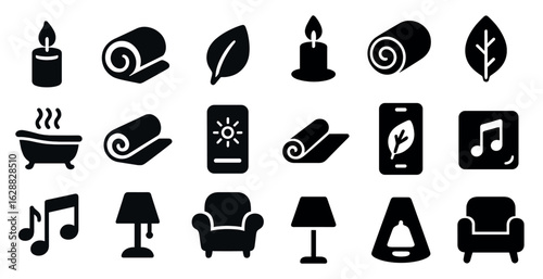 Wellness and relaxation solid icons set – filled, spa, self-care graphics