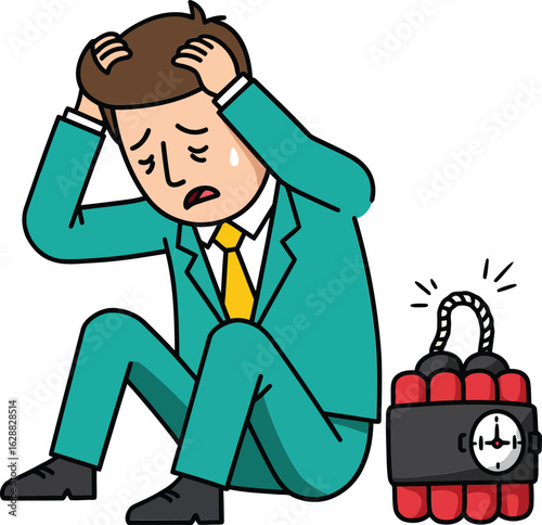 Stressed businessman in teal suit sitting beside ticking bomb holding head in frustration and anxiety