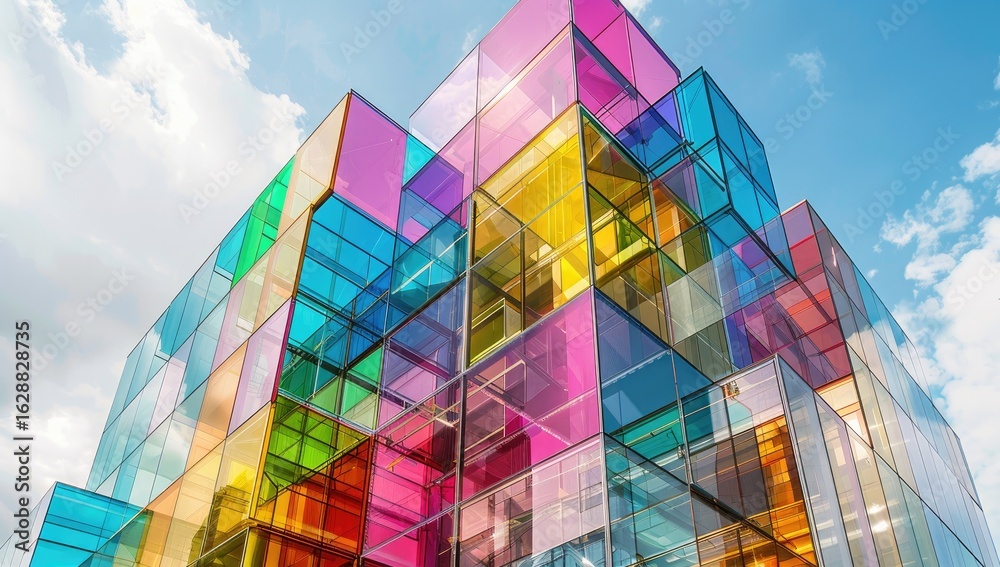 Fototapeta premium Colorful glass building under a bright sky; architectural design, urban scene