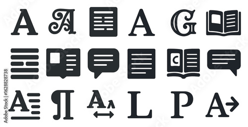 Text and fonts solid icons set – filled, typography, writing symbols
