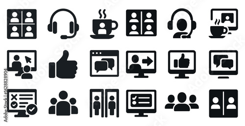 Video conference solid icons set – filled, flat, communication and virtual meeting symbols