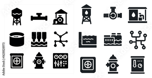 Water utility solid icons set – filled, infrastructure, plumbing systems
