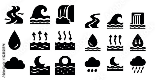 Water flow solid icons set – silhouette, filled, hydrology and weather symbols
