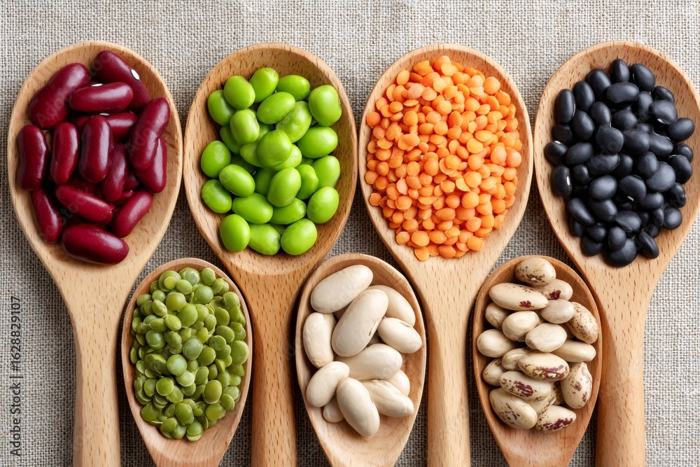 Various legumes displayed on wooden spoons creating colorful composition Various legumes displayed on wooden spoons creating colorful composition