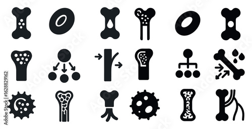 Bones and cells solid icons set – filled, biological, medical symbols