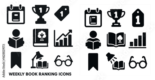 Weekly book ranking solid icons set – flat, filled, reading and literature symbols