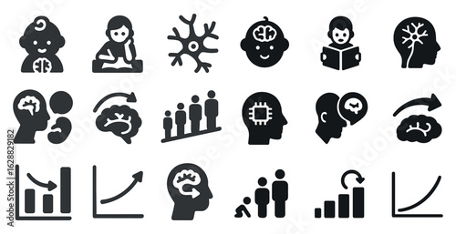 Brain and neuroscience icons set – filled, solid, cognitive and mental health symbols