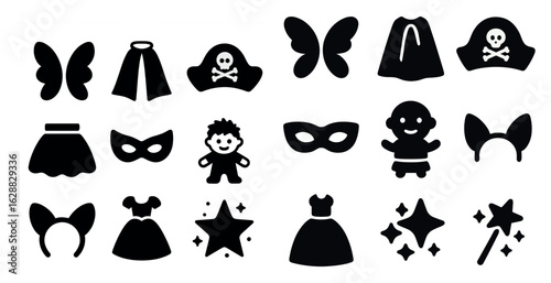 Costume and dress-up silhouette icons set – mask, clothing, fantasy characters