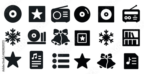 Music and holiday silhouette icons set – solid, filled, festive symbols