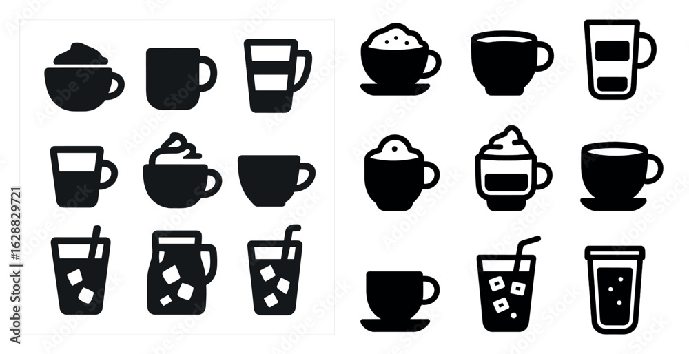 Fototapeta premium Coffee beverage silhouette icons set – solid, filled, cafe and drink symbols