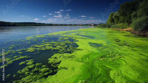 Blue-green algae pollution results from cyanobacteria overgrowth, producing harmful toxins that turn water green, thick, and has a very strong unpleasant smell.