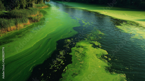 Blue-green algae pollution results from cyanobacteria overgrowth, producing harmful toxins that turn water green, thick, and has a very strong unpleasant smell.