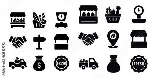 Farmers market solid icons set - filled, fresh produce, agriculture symbols