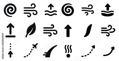 Wind and nature solid icons set – minimalist symbols, airflow and environment themes