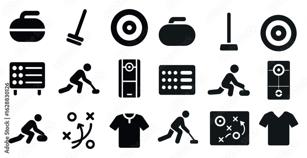 Obraz premium Winter sports solid icons set – filled, silhouette, curling and ice game symbols