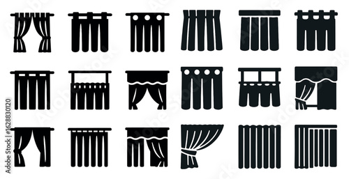 Curtains and drapes silhouette icons set – window treatment, blinds, interior design