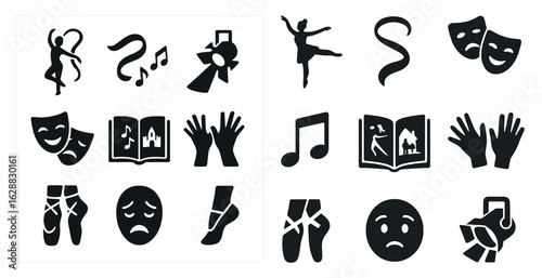 Performing arts solid icons set – silhouette, theater, music and dance symbols