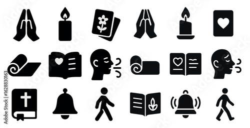 Spiritual and meditation icons set – solid, silhouette, wellness symbols