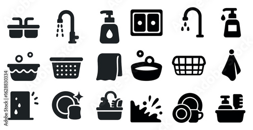 Household utilities solid icons set – filled, kitchen, bathroom essentials