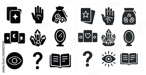 Mystical divination solid icons set – tarot, fortune-telling, spiritual symbols
