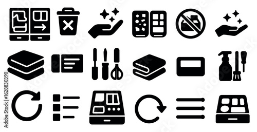 Cleaning and organization solid icons set – flat, tidy, home management symbols