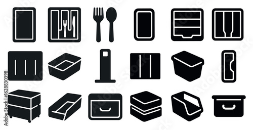 Kitchen and dining silhouette icons set - utensils, storage, flatware essentials
