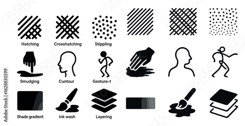 Art technique silhouette icons set – crosshatching, shading, sketch symbols