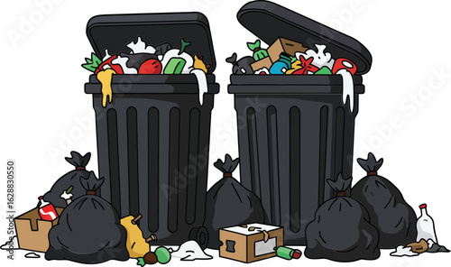 Overflowing black trash bins with garbage bags and scattered waste urban refuse disposal scene