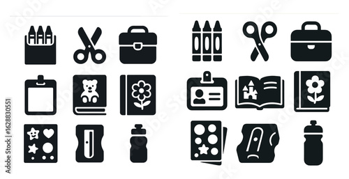 Education and school solid icons set – filled, learning essentials, student tools