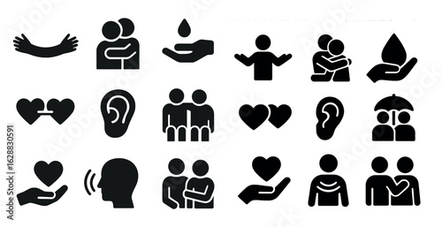Empathy and support solid icons set – filled, care, and community symbols