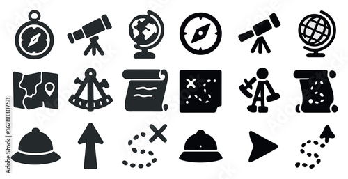 Travel and exploration solid icons set – silhouette, filled, map and navigation symbols