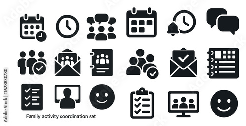 Family and activity silhouette icons set – solid, filled, coordination symbols