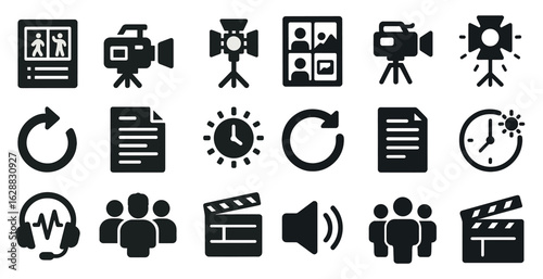 Video production solid icons set – filled, camera, filmmaking essentials