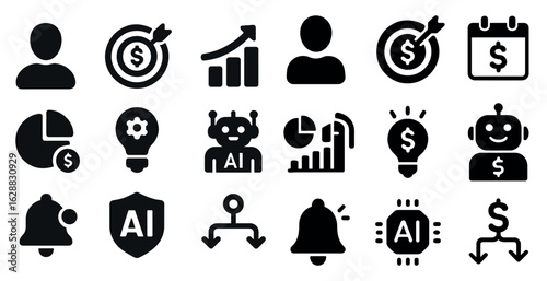 Business and technology solid icons set – chart, finance, innovation symbols